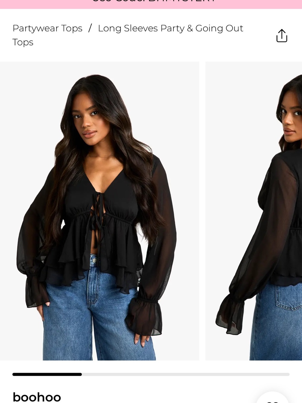 boohoo Black Sheer Tie-Front Ruffle Long-Sleeve Blouse- size 8- worn 1x